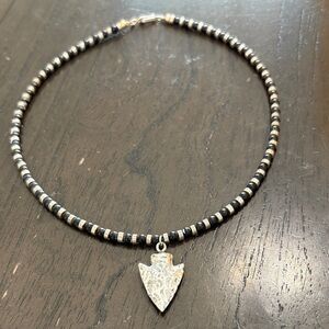 Vintage Black & Silver Beaded Choker Necklace with Arrowhead Pendant 925